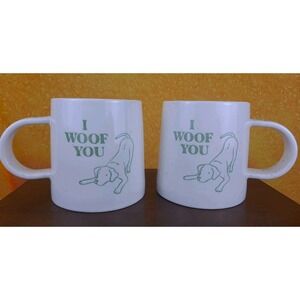 Set Of 2 I Woof You - Coffee Tea Mug Cup  16 oz Stoneware White / Teal Dog